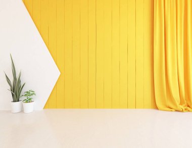 Geniş İskandinav tarzı, geniş bir duvarlı açık sarı oda fikri. Arkaplan iç mimarisi. Minimalist ev fikri iç mekan. 3B illüstrasyon