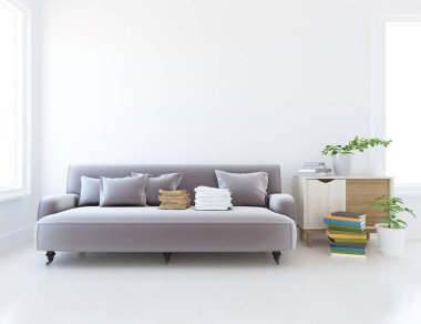 Beyaz oturma odasının içinde kanepe, ahşap zeminde güneş ışığı, büyük bir duvarda dekor. Renkli elementlerin iç mimarisi ile kuzeye dönük. 3B illüstrasyon