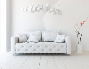 Beyaz oturma odasının içinde kanepe, ahşap zeminde güneş ışığı, büyük bir duvarda dekor. İç mekan olarak İskandinav tarzı. 3B illüstrasyon