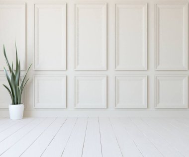 Büyük bir duvarı olan boş İskandinav aydınlatma odası fikri. Arkaplan iç mimarisi. İç mekan fikri. 3B illüstrasyon