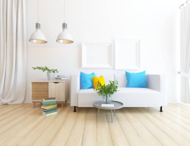 Beyaz oturma odasının içinde kanepe, ahşap zeminde güneş ışığı, büyük bir duvarda dekor. Renkli elementlerin iç mimarisi ile kuzeye dönük. 3B illüstrasyon