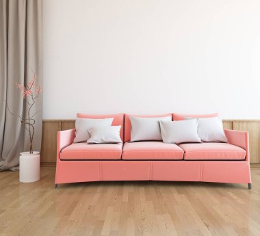 Beyaz oturma odasının içinde kanepe, ahşap zeminde güneş ışığı, büyük bir duvarda dekor. Renkli elementlerin iç mimarisi ile kuzeye dönük. 3B illüstrasyon