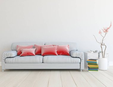 Beyaz oturma odasının içinde kanepe, ahşap zeminde güneş ışığı, büyük bir duvarda dekor. Renkli elementlerin iç mimarisi ile kuzeye dönük. 3B illüstrasyon