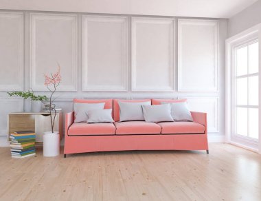 Beyaz oturma odasının içinde kanepe, ahşap zeminde güneş ışığı, büyük bir duvarda dekor. Renkli elementlerin iç mimarisi ile kuzeye dönük. 3B illüstrasyon