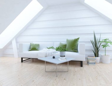 Beyaz oturma odasının içinde kanepe, ahşap zeminde güneş ışığı, büyük bir duvarda dekor. Renkli elementlerin iç mimarisi ile kuzeye dönük. 3B illüstrasyon