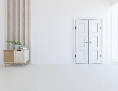 Büyük bir duvarı olan boş İskandinav aydınlatma odası fikri. Arkaplan iç mimarisi. İç mekan fikri. 3B illüstrasyon