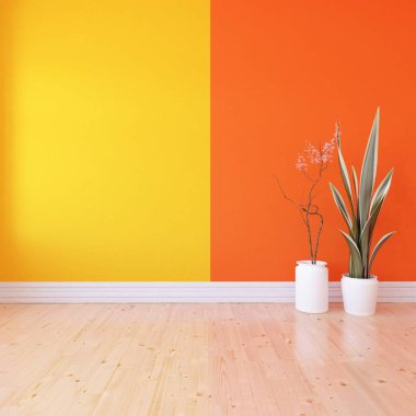 Geniş bir İskandinav renk odası fikri. Geniş bir duvarı var. Arkaplan iç mimarisi. Minimalist ev fikri iç mekan. 3B illüstrasyon