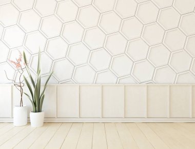 Büyük bir duvarı olan boş İskandinav aydınlatma odası fikri. Arkaplan iç mimarisi. İç mekan fikri. 3B illüstrasyon