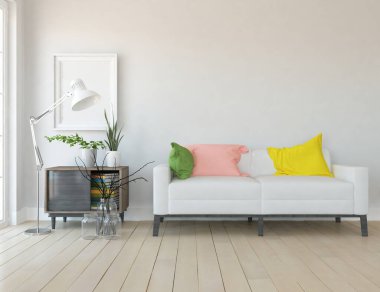 Beyaz oturma odasının içinde kanepe, ahşap zeminde güneş ışığı, büyük bir duvarda dekor. Renkli elementlerin iç mimarisi ile kuzeye dönük. 3B illüstrasyon