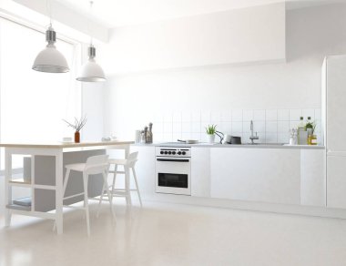 Geniş bir mutfak odası, yemek mobilyaları ve büyük duvarları var. İç mekan olarak İskandinav tarzı. 3B illüstrasyon