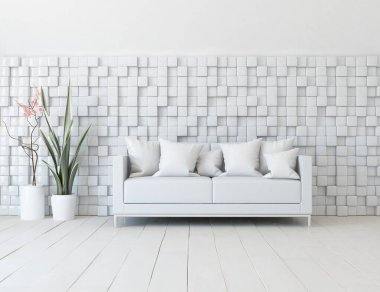 Beyaz oturma odasının içinde kanepe, ahşap zeminde güneş ışığı, büyük bir duvarda dekor. İç mekan olarak İskandinav tarzı. 3B illüstrasyon