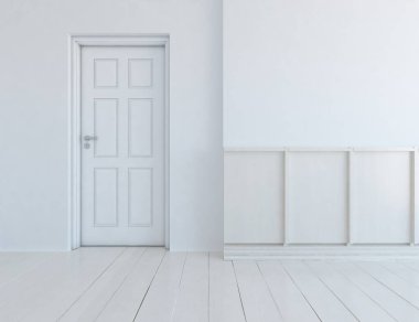 Büyük bir duvarı olan boş İskandinav aydınlatma odası fikri. Arkaplan iç mimarisi. İç mekan fikri. 3B illüstrasyon