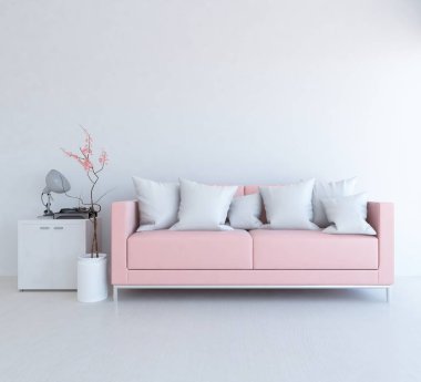 Beyaz oturma odasının içinde kanepe, ahşap zeminde güneş ışığı, büyük bir duvarda dekor. Renkli elementlerin iç mimarisi ile kuzeye dönük. 3B illüstrasyon