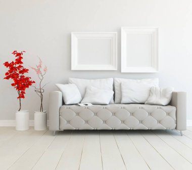 Beyaz oturma odasının içinde kanepe, ahşap zeminde güneş ışığı, büyük bir duvarda dekor. İç mekan olarak İskandinav tarzı. 3B illüstrasyon