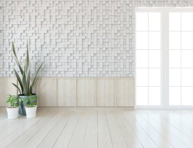 Büyük bir duvarı olan boş İskandinav aydınlatma odası fikri. Arkaplan iç mimarisi. İç mekan fikri. 3B illüstrasyon