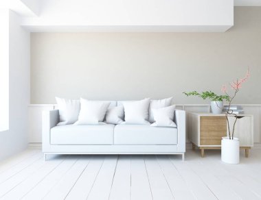 Beyaz oturma odasının içinde kanepe, ahşap zeminde güneş ışığı, büyük bir duvarda dekor. Renkli elementlerin iç mimarisi ile kuzeye dönük. 3B illüstrasyon