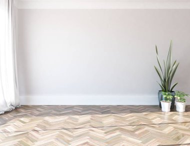 Büyük bir duvarı olan boş İskandinav aydınlatma odası fikri. Arkaplan iç mimarisi. İç mekan fikri. 3B illüstrasyon