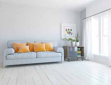 Beyaz oturma odasının içinde kanepe, ahşap zeminde güneş ışığı, büyük bir duvarda dekor. Renkli elementlerin iç mimarisi ile kuzeye dönük. 3B illüstrasyon