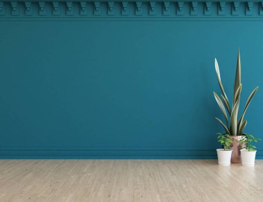 Geniş bir İskandinav mavi oda fikri. Büyük bir duvarı var. Arkaplan iç mimarisi. Minimalist ev fikri iç mekan. 3B illüstrasyon
