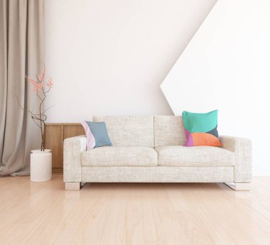 Beyaz oturma odasının içinde kanepe, ahşap zeminde güneş ışığı, büyük bir duvarda dekor. Renkli elementlerin iç mimarisi ile kuzeye dönük. 3B illüstrasyon