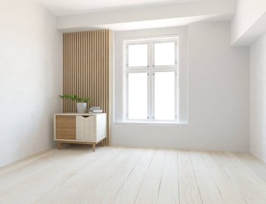 Büyük bir duvarı olan boş İskandinav aydınlatma odası fikri. Arkaplan iç mimarisi. İç mekan fikri. 3B illüstrasyon