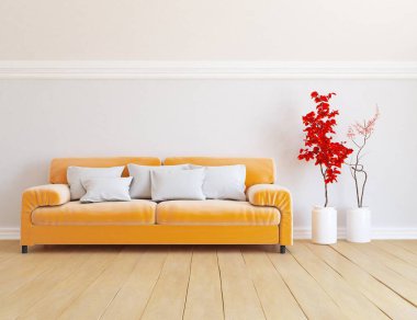 Beyaz oturma odasının içinde kanepe, ahşap zeminde güneş ışığı, büyük bir duvarda dekor. Renkli elementlerin iç mimarisi ile kuzeye dönük. 3B illüstrasyon