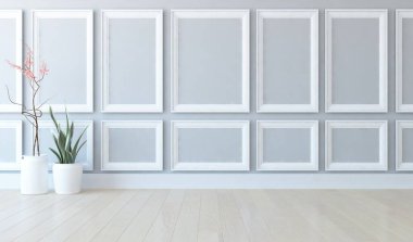 Büyük bir duvarı olan boş İskandinav aydınlatma odası fikri. Arkaplan iç mimarisi. İç mekan fikri. 3B illüstrasyon