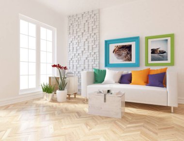 Beyaz oturma odasının içinde kanepe, ahşap zeminde güneş ışığı, büyük bir duvarda dekor. Renkli elementlerin iç mimarisi ile kuzeye dönük. 3B illüstrasyon
