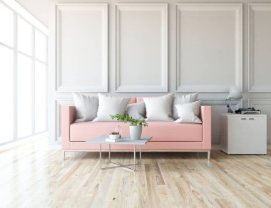 Beyaz oturma odasının içinde kanepe, ahşap zeminde güneş ışığı, büyük bir duvarda dekor. Renkli elementlerin iç mimarisi ile kuzeye dönük. 3B illüstrasyon