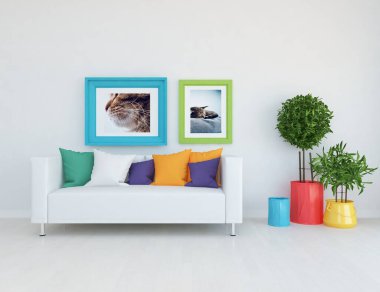 Beyaz oturma odasının içinde kanepe, ahşap zeminde güneş ışığı, büyük bir duvarda dekor. Renkli elementlerin iç mimarisi ile kuzeye dönük. 3B illüstrasyon