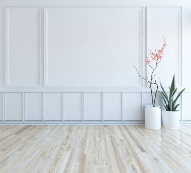 Büyük bir duvarı olan boş İskandinav aydınlatma odası fikri. Arkaplan iç mimarisi. İç mekan fikri. 3B illüstrasyon