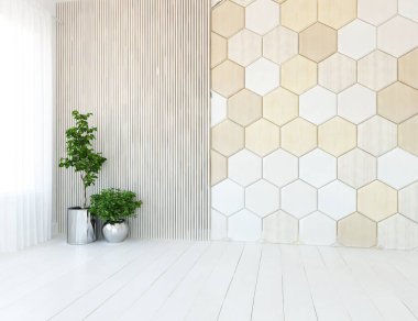 Büyük bir duvarı olan boş İskandinav aydınlatma odası fikri. Arkaplan iç mimarisi. İç mekan fikri. 3B illüstrasyon