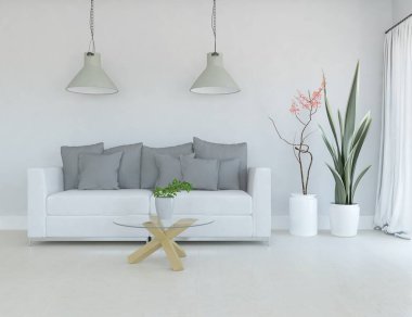 Beyaz oturma odasının içinde kanepe, ahşap zeminde güneş ışığı, büyük bir duvarda dekor. Renkli elementlerin iç mimarisi ile kuzeye dönük. 3B illüstrasyon