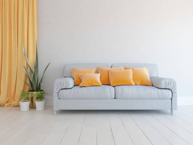 Beyaz oturma odasının içinde kanepe, ahşap zeminde güneş ışığı, büyük bir duvarda dekor. Renkli elementlerin iç mimarisi ile kuzeye dönük. 3B illüstrasyon