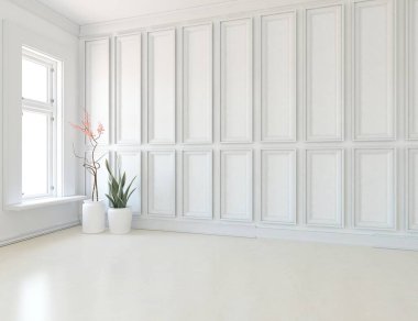 Büyük bir duvarı olan boş İskandinav aydınlatma odası fikri. Arkaplan iç mimarisi. İç mekan fikri. 3B illüstrasyon