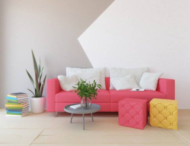 Beyaz oturma odasının içinde kanepe, ahşap zeminde güneş ışığı, büyük bir duvarda dekor. Renkli elementlerin iç mimarisi ile kuzeye dönük. 3B illüstrasyon