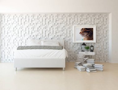 Beyaz yatak odalı, yataklı, ahşap zeminde güneş ışığı, büyük bir duvarda dekor. İç mekan olarak İskandinav tarzı. 3B illüstrasyon