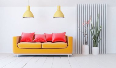 Beyaz oturma odasının içinde kanepe, ahşap zeminde güneş ışığı, büyük bir duvarda dekor. Renkli elementlerin iç mimarisi ile kuzeye dönük. 3B illüstrasyon