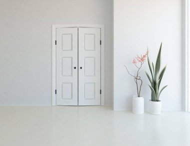 Büyük bir duvarı olan boş İskandinav aydınlatma odası fikri. Arkaplan iç mimarisi. İç mekan fikri. 3B illüstrasyon