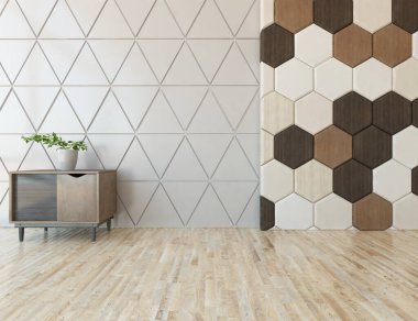 Geniş bir İskandinav aydınlatma odası fikri. Büyük bir duvarı var. Arkaplan iç mimarisi. Minimalist ev fikri iç mekan. 3B illüstrasyon