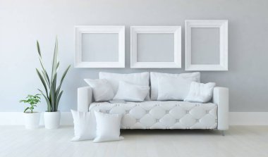 Beyaz oturma odasının içinde kanepe, ahşap zeminde güneş ışığı, büyük bir duvarda dekor. İç mekan olarak İskandinav tarzı. 3B illüstrasyon