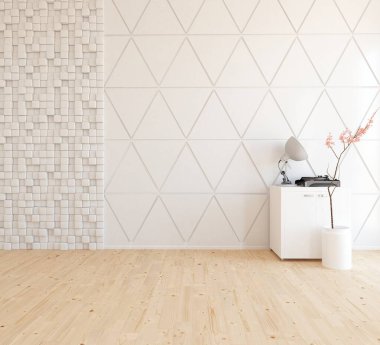 Büyük bir duvarı olan boş İskandinav aydınlatma odası fikri. Arkaplan iç mimarisi. İç mekan fikri. 3B illüstrasyon