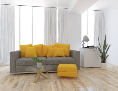 Beyaz oturma odasının içinde kanepe, ahşap zeminde güneş ışığı, büyük bir duvarda dekor. Renkli elementlerin iç mimarisi ile kuzeye dönük. 3B illüstrasyon