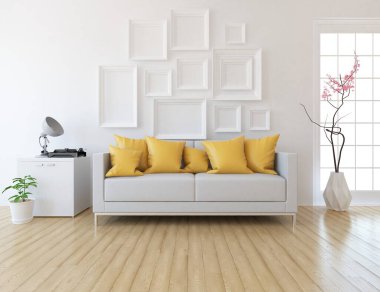 Beyaz oturma odasının içinde kanepe, ahşap zeminde güneş ışığı, büyük bir duvarda dekor. Renkli elementlerin iç mimarisi ile kuzeye dönük. 3B illüstrasyon