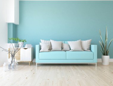 Mavi oturma odasının içinde kanepe, ahşap zeminde güneş ışığı, büyük bir duvarda dekor. Renkli elementlerin iç mimarisi ile kuzeye dönük. 3B illüstrasyon