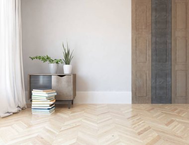 Geniş bir İskandinav aydınlatma odası fikri. Büyük bir duvarı var. Arkaplan iç mimarisi. Minimalist ev fikri iç mekan. 3B illüstrasyon