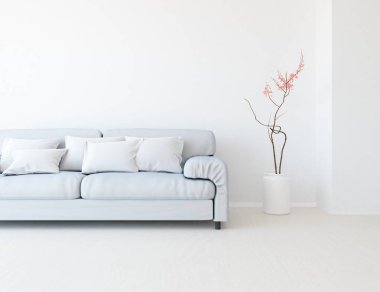 Beyaz oturma odasının içinde kanepe, ahşap zeminde güneş ışığı, büyük bir duvarda dekor. İç mekan olarak İskandinav tarzı. 3B illüstrasyon