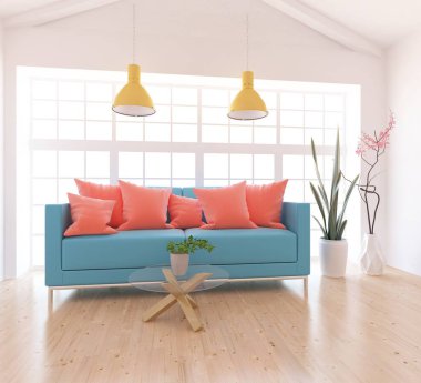 Beyaz oturma odasının içinde kanepe, ahşap zeminde güneş ışığı, büyük bir duvarda dekor. Renkli elementlerin iç mimarisi ile kuzeye dönük. 3B illüstrasyon