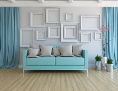 Beyaz oturma odasının içinde kanepe, ahşap zeminde güneş ışığı, büyük bir duvarda dekor. Renkli elementlerin iç mimarisi ile kuzeye dönük. 3B illüstrasyon