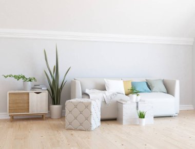 Mobilyalı beyaz minimalist oda. Renkli elementlerle dolu bir ev. 3B illüstrasyon